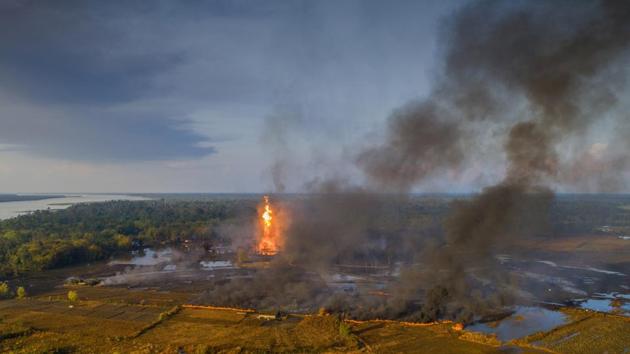 The blaze at the OIL well was at one point visible from a distance of more than 30 kilometres, news agency PTI reported. The gas well is located next to the Dibru-Saikhowa National Park and the eco-sensitive Maguri Mottapung wetland, which are home to endangered hoolock gibbons and Gangetic dolphins. (PTI) The blaze at the OIL well was at one point visible from a distance of more than 30 kilometres, news agency PTI reported. The gas well is located next to the Dibru-Saikhowa National Park and the eco-sensitive Maguri Mottapung wetland, which are home to endangered hoolock gibbons and Gangetic dolphins. (PTI)