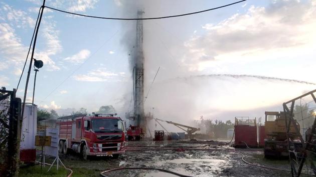 Water being sprayed at the mouth of the well as gas spews on June 7. Oil India had already suspended operations at the gas well on May 27 after an uncontrolled gas emission. The company had brought in experts from the Singapore-based firm Alert Disaster Control to control the blowout when the accident occurred. (ANI) Water being sprayed at the mouth of the well as gas spews on June 7. Oil India had already suspended operations at the gas well on May 27 after an uncontrolled gas emission. The company had brought in experts from the Singapore-based firm Alert Disaster Control to control the blowout when the accident occurred. (ANI)
