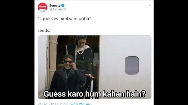 Zomato shared their own version of ‘Guess karo hum kahan hai’ meme. (Twitter/@ZomatoIN) Zomato shared their own version of ‘Guess karo hum kahan hai’ meme. (Twitter/@ZomatoIN)