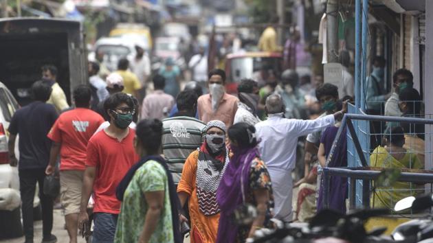 Mumbai, India - June 11, 2020:Huge crowd at Dharavi during a government-imposed nationwide lockdown as a preventive measure against the spread of the coronavirus in Mumbai(Satyabrata Tripathy/HT Photo)