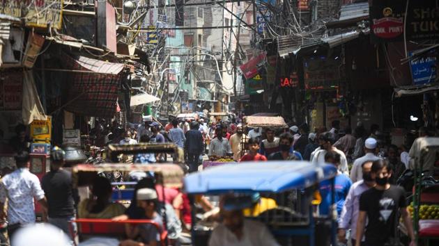 A view of a market lane near Jama Masjid after lockdown restrictions were relaxed in New Delhi. According to the Delhi government’s daily health bulletin on June 11, the capital’s total tally of Covid-19 cases stands at 34,687 and of these, 1,085 have died. (Amal KS / HT Photo) A view of a market lane near Jama Masjid after lockdown restrictions were relaxed in New Delhi. According to the Delhi government’s daily health bulletin on June 11, the capital’s total tally of Covid-19 cases stands at 34,687 and of these, 1,085 have died. (Amal KS / HT Photo)