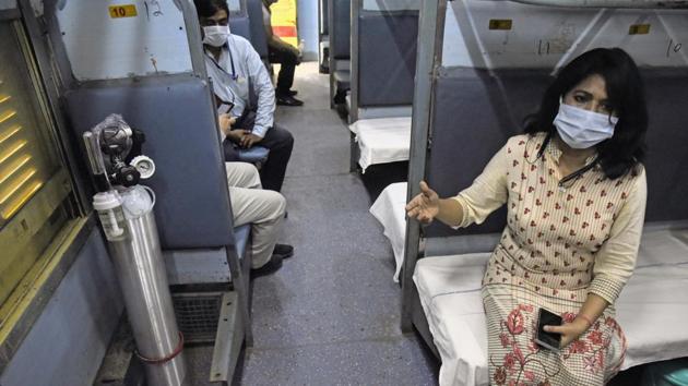 Indian Railways converts coaches into isolation wards for virus patients during a nationwide lockdown, at Shakur Basti in New Delhi on Thursday.(ANI photo)