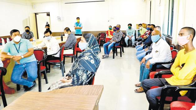 IAS officer Saurabh Rao (not in pic) conducted a meeting with residents cured of Covid-19 at Dhole Patil ward office. (HT PHOTO) IAS officer Saurabh Rao (not in pic) conducted a meeting with residents cured of Covid-19 at Dhole Patil ward office. (HT PHOTO)