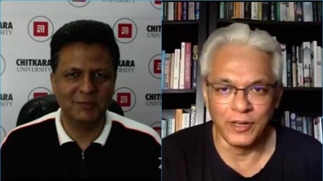 Bhattacharjya (right) addressing the Chitakara University through videoconferencing on Saturday. (HT Photo) Bhattacharjya (right) addressing the Chitakara University through videoconferencing on Saturday. (HT Photo)