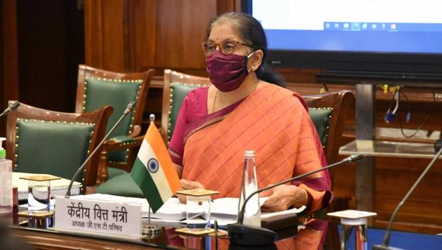 Union finance minister Nirmala Sitharaman chaired the GST Council meeting through video conferencing from her office at North Block in New Delhi on Friday. (PTI File Photo) Union finance minister Nirmala Sitharaman chaired the GST Council meeting through video conferencing from her office at North Block in New Delhi on Friday. (PTI File Photo)