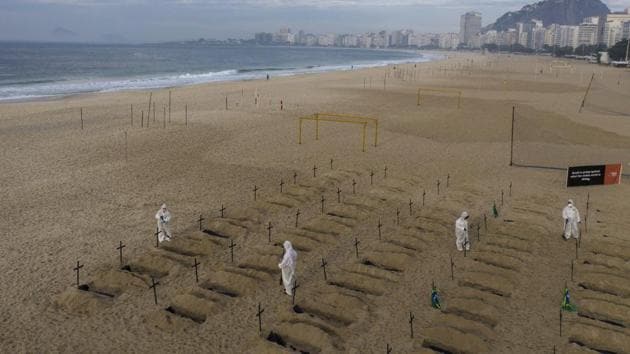 Activists in costume dig symbolic graves on Copacabana beach as a protest, organized by the NGO Rio de Paz, against the government's handling of the Covid-19 pandemic in Rio de Janeiro, Brazil on Thursday.(AP Photo)