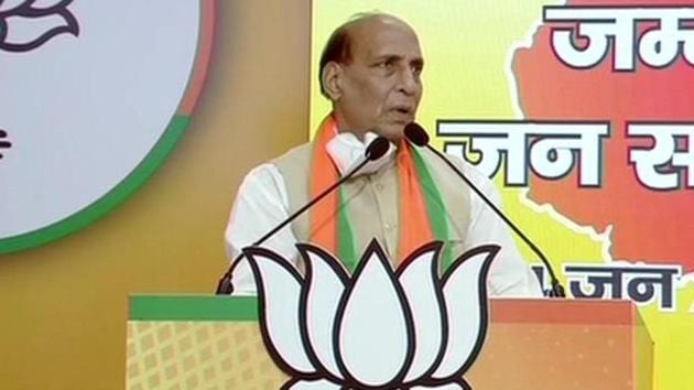 Union defence minister Rajnath Singh addressed the ‘Jammu Jan Samvad rally’ via video conferencing on Sunday.(ANI) Union defence minister Rajnath Singh addressed the ‘Jammu Jan Samvad rally’ via video conferencing on Sunday.(ANI)