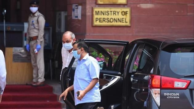 Delhi chief minister Arvind Kejriwal arrives for a meeting with Amit Shah in Delhi. (Raj K Raj/HT Photo) Delhi chief minister Arvind Kejriwal arrives for a meeting with Amit Shah in Delhi. (Raj K Raj/HT Photo)