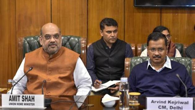 Union home minister Amit Shah with Delhi chief minister Arvind Kejriwal during a high-level meeting in New Delhi in February 2020. (PTI File Photo) Union home minister Amit Shah with Delhi chief minister Arvind Kejriwal during a high-level meeting in New Delhi in February 2020. (PTI File Photo)