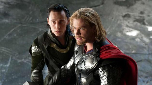 Chris Hemsworth as Thor and Tom Hiddleston as Loki.