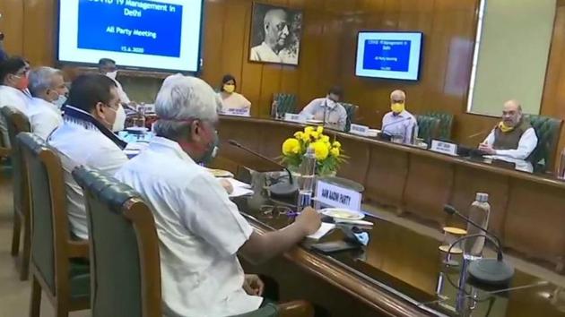 The all-party meeting on the Covid-19 situation in Delhi on Monday. (ANI Photo) The all-party meeting on the Covid-19 situation in Delhi on Monday. (ANI Photo)