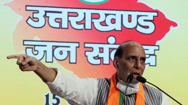 Defence Minister Rajnath Singh addresses the 'Uttarakhand Jan Sanvad' rally via video conference, in New Delhi on Monday. (ANI Photo) Defence Minister Rajnath Singh addresses the 'Uttarakhand Jan Sanvad' rally via video conference, in New Delhi on Monday. (ANI Photo)