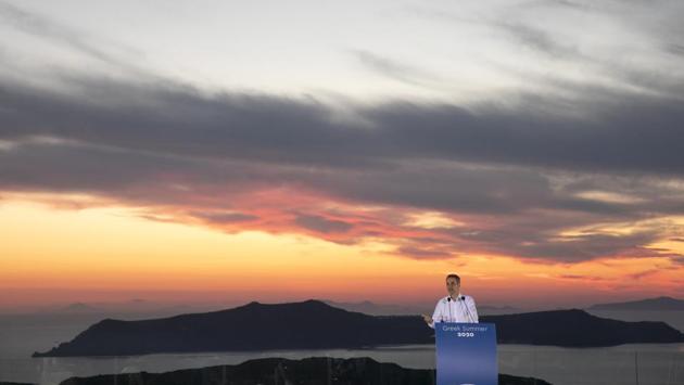 Kyriakos Mitsotakis, Greece's Prime Minister, at a news conference on the island of Santorini on June 13. He said Greece is "ready to welcome tourists" in complete safety after the coronavirus lockdown, whose impact on tourism will be "significant". (Yorgos Karahalis / Bloomberg)