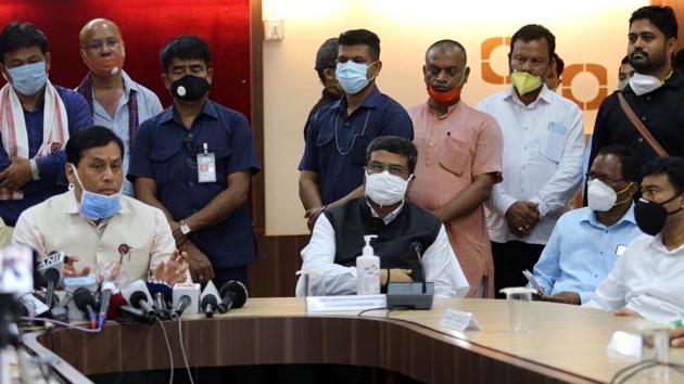 Chief Minister of Assam Sarbananda Sonowal and Union petroleum minister Dharmendra Pradhan addressing the media regarding Baghjan oil well fire tragedy, in Tinsukia on Sunday.(ANI)