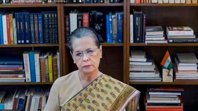 Congress chief Sonia Gandhi chairs a meeting with leaders of opposition parties via video conferencing, in New Delhi, in this file photo.(PTI Photo)