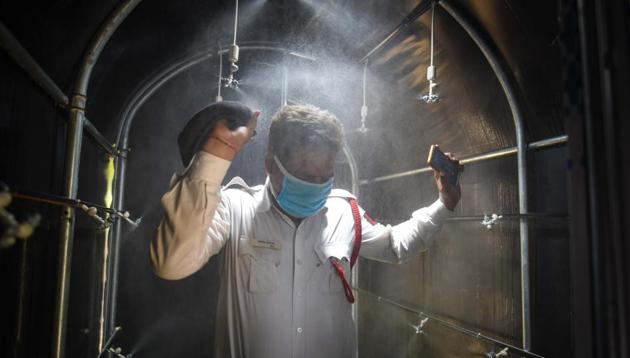 Representative photo of disinfection tunnel (Sanchit Khanna/HT PHOTO) Representative photo of disinfection tunnel (Sanchit Khanna/HT PHOTO)