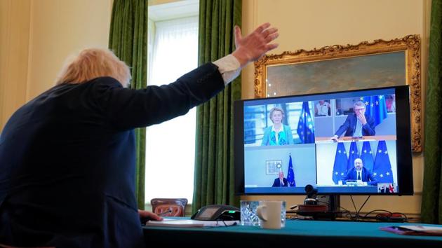 Prime Minister Boris Johnson, joined by Europe Adviser and Chief Negotiator of Task Force Europe David Frost and Chancellor of the Duchy of Lancaster Michael Gove, takes part in a video conference call with European Council president Charles Michel, European Commission President Ursula von der Leyen and European Parliament President David Sassoli and EU's Brexit negotiator Michel Barnier, at 10 Downing Street in London. (via REUTERS) Prime Minister Boris Johnson, joined by Europe Adviser and Chief Negotiator of Task Force Europe David Frost and Chancellor of the Duchy of Lancaster Michael Gove, takes part in a video conference call with European Council president Charles Michel, European Commission President Ursula von der Leyen and European Parliament President David Sassoli and EU's Brexit negotiator Michel Barnier, at 10 Downing Street in London. (via REUTERS)
