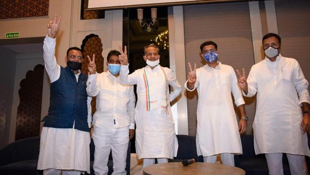 Rajasthan Chief Minister Ashok Gehlot, Deputy CM Sachin Pilot, Randeep Surjewala other senior Congress leaders during a press conference at a city hotel, in Jaipur. (HT Photo) Rajasthan Chief Minister Ashok Gehlot, Deputy CM Sachin Pilot, Randeep Surjewala other senior Congress leaders during a press conference at a city hotel, in Jaipur. (HT Photo)
