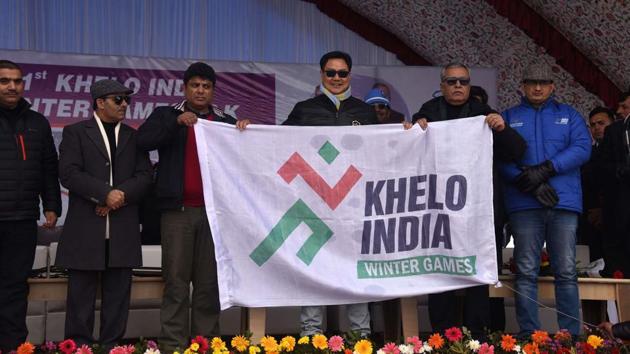 Union Minister for Sports and Youth Affairs Kiran Rijiju during winter sport program Khelo India in Gulmarg.(Waseem Andrabi / Hindustan Times)