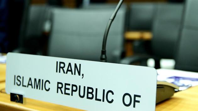 File photo of a sign marks the seat of Iran’s ambassador to the International Atomic Energy Agency (IAEA). A draft resolution, seen by Reuters and dated June 10, put forward by Britain, France and Germany calls on Iran to cooperate fully and promptly with the IAEA.(REUTERS)