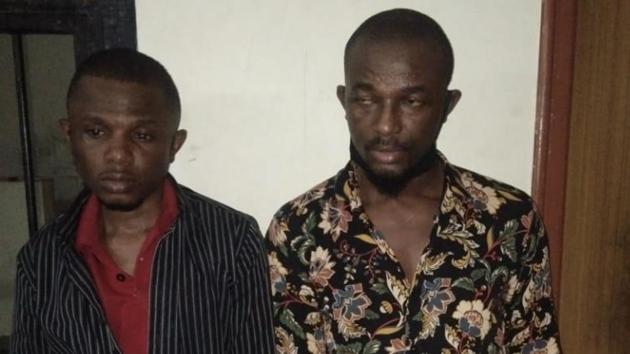 Two of the arrested men. A case under Sections 419 (personation) and 420 (cheating) of Indian Penal Code along with Sections 66(c), 66(d) of the Information Technology Act was registered at the cyber police station of Pune. (HT PHOTO) Two of the arrested men. A case under Sections 419 (personation) and 420 (cheating) of Indian Penal Code along with Sections 66(c), 66(d) of the Information Technology Act was registered at the cyber police station of Pune. (HT PHOTO)