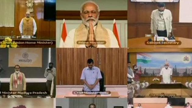 PM Narendra Modi, Union Home Minister Amit Shah and the chief ministers of different states and union territories, who attended meeting via video-conferencing today, observe two-minute silence as a tribute to the soldiers who lost their lives in Galwan Valley clash. (ANI photo) PM Narendra Modi, Union Home Minister Amit Shah and the chief ministers of different states and union territories, who attended meeting via video-conferencing today, observe two-minute silence as a tribute to the soldiers who lost their lives in Galwan Valley clash. (ANI photo)