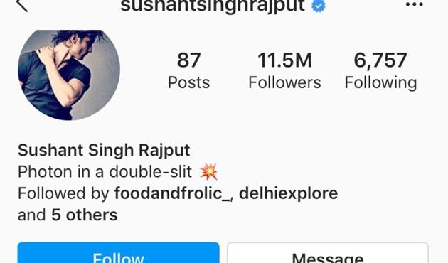 Bollywood actor Sushant Singh Rajput’s Insta followers shot up from about 9 million to 11 million after news of his untimely death broke.(Photo: Instagram/sushantsinghrajput)