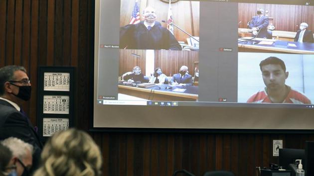 Steven Carrillo, who is charged with the June , 2020, ambush and killing of Santa Cruz Sheriff Deputy Sgt. Damon Gutzwiller and other crimes, appears by video from Monterey County Jail for his arraignment in Judge Paul Burdick's Santa Cruz County Superior Court courtroom.(AP)