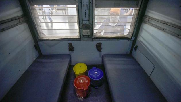 Dustbins seen inside a coach modified into an isolation care unit for COVID-19 patients on June 16. The Railway Ministry speaking with PTI confirmed that these coaches-turned-isolation wards will be equipped with mosquito nets, charging points for laptops and phones. The toilets also have been modified into bathrooms. (Biplov Bhuyan / HT Photo) Dustbins seen inside a coach modified into an isolation care unit for COVID-19 patients on June 16. The Railway Ministry speaking with PTI confirmed that these coaches-turned-isolation wards will be equipped with mosquito nets, charging points for laptops and phones. The toilets also have been modified into bathrooms. (Biplov Bhuyan / HT Photo)