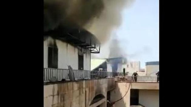 A call about the fire was received around 9.41 am after which 10 fire tenders were rushed to the spot. (@zafarabbaszaidi) A call about the fire was received around 9.41 am after which 10 fire tenders were rushed to the spot. (@zafarabbaszaidi)