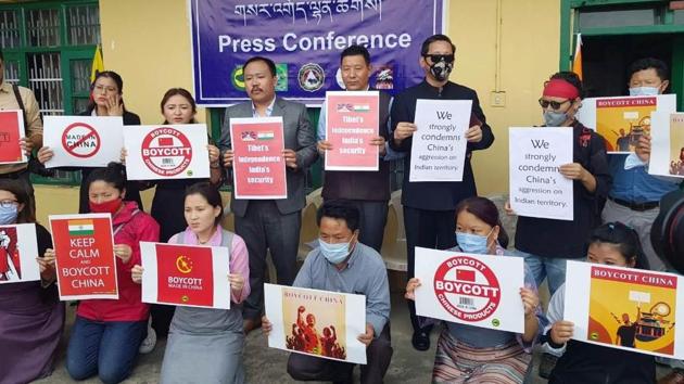 Tibetan NGOs during the protest in McLeod Ganj on Thursday.(HT Photo)