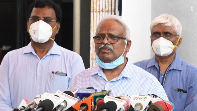 Members of the expert committee and infectious disease control address the media after a meeting with Tamil Nadu chief minister K. Palaniswami  in Chennai on June 15. Panel members told the media they warned the government that Tamil Nadu had hit its peak, but may hit another if strict measures aren’t followed. The lockdown announcement soon followed. (PTI) 
