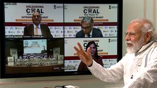 Prime Minister Narendra Modi addresses an event during the auction of 41 Coal Mines via video conferencing in New Delhi on 18 June 2020.(ANI) Prime Minister Narendra Modi addresses an event during the auction of 41 Coal Mines via video conferencing in New Delhi on 18 June 2020.(ANI)