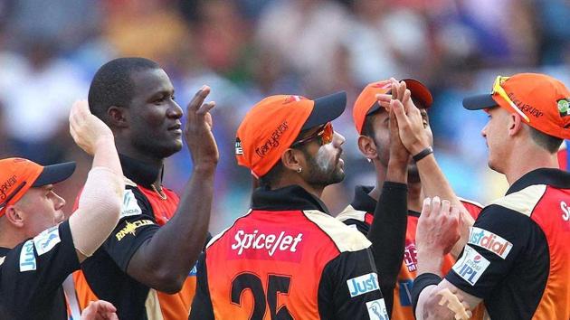 File photo of Darren Sammy playing for Sunrisers Hyderabad in the Indian Premier League.(PTI)