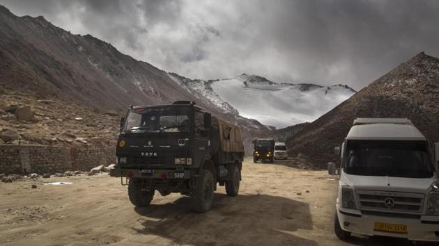 An Indian Army truck crosses Chang la pass near Pangong Lake in Ladakh region in this file photo.(AP Photo)