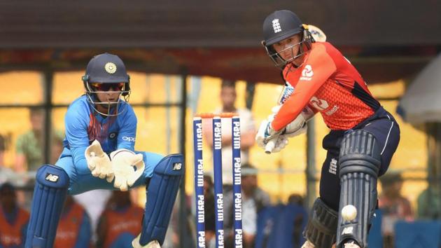 England's Danielle Wyatt plays a shot during the 2nd T20 international cricket match between India and England at Barsapara Cricket Stadium, in Guwahati.(PTI)