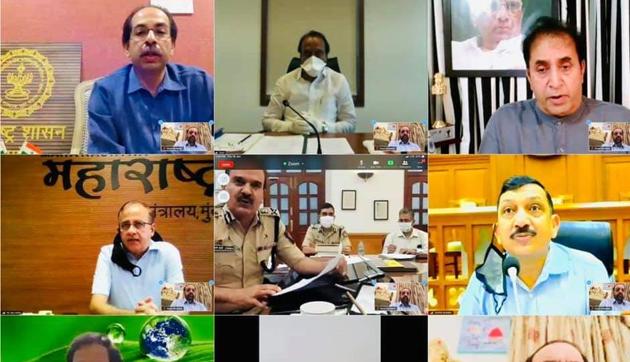 CM Uddhav Thackeray (top, left) on Thursday, held a video conference with mandal reps from Pune and Mumbai. Also present were police officials and government officials. (HT PHOTO) CM Uddhav Thackeray (top, left) on Thursday, held a video conference with mandal reps from Pune and Mumbai. Also present were police officials and government officials. (HT PHOTO)
