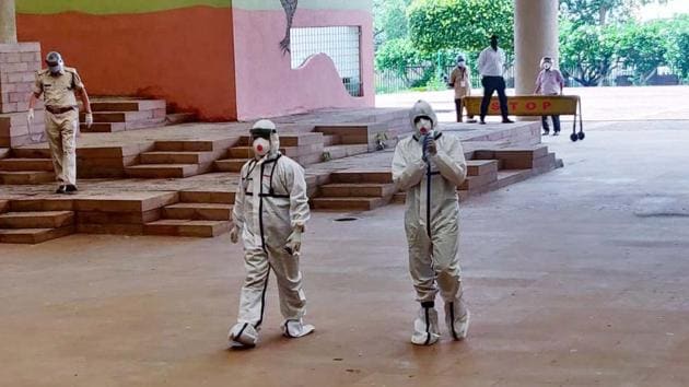 Congress MLA (Right, with folded hands) who had tested positive for Covid-19 arrives at the Madhya Pradesh legislative assembly to cast his vote for the Rajya Sabha election, in Bhopal on Friday, June 19, 2020. (ANI) Congress MLA (Right, with folded hands) who had tested positive for Covid-19 arrives at the Madhya Pradesh legislative assembly to cast his vote for the Rajya Sabha election, in Bhopal on Friday, June 19, 2020. (ANI)