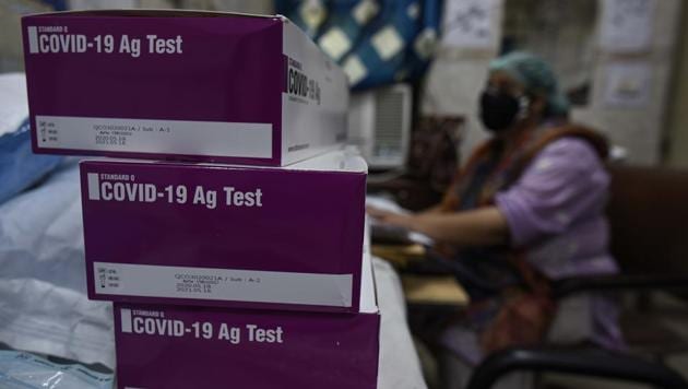 Covid-19 Ag antigen kits stacked at a dispensary in Dilshad Garden on June 18. Delhi began using the quick result and economical rapid test kits yesterday as part of a new strategy by the Union and state governments to ramp up the number of tests in Delhi six fold by the end of this week. (Biplov Bhuyan / HT PHOTO)