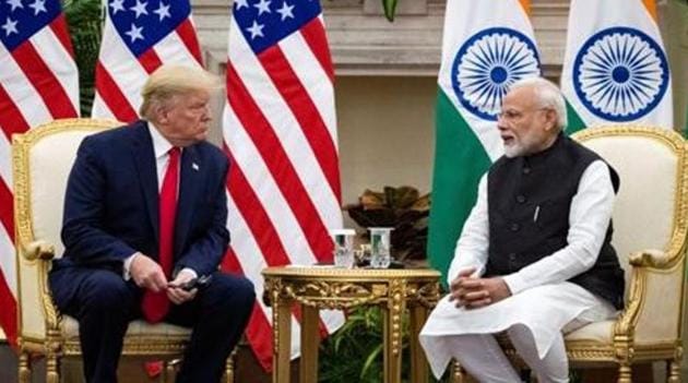 Prime Minister Narendra Modi with US president Donald Trump during a meeting at Hyderabad House in New Delhi in February 2020.(Reuters Photo)