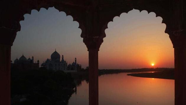 Silhouette of Taj Mahal in the backdrop of sunset(PTI)