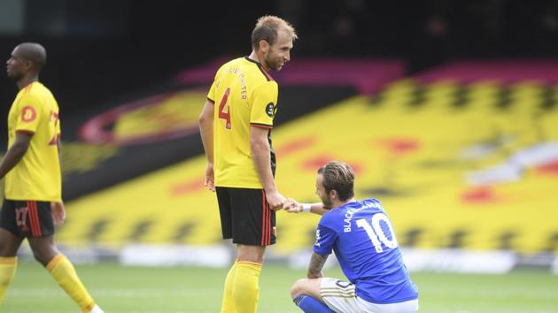 Leicester's James Maddison, right greets Watford's Craig Dawson after the English Premier League soccer match between Watford and Leicester CITY. (AP) Leicester's James Maddison, right greets Watford's Craig Dawson after the English Premier League soccer match between Watford and Leicester CITY. (AP)