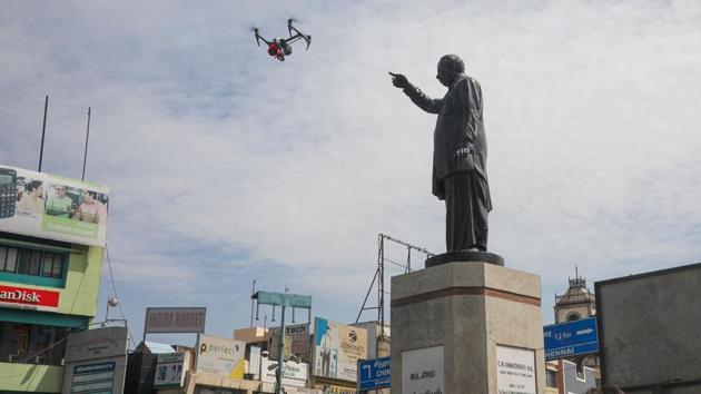 Police use a drone to monitor and announce awareness messages after authorities in Chennai imposed 12 days lockdown due to surge in COVID-19 cases, on June 19. This month, the state has reported more than 1,000 new cases everyday with Chennai accounting for most of them. (PTI) Police use a drone to monitor and announce awareness messages after authorities in Chennai imposed 12 days lockdown due to surge in COVID-19 cases, on June 19. This month, the state has reported more than 1,000 new cases everyday with Chennai accounting for most of them. (PTI)