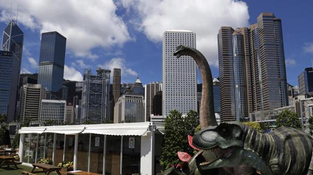Dinosaur statues are displayed at the Central, a business district in Hong Kong. China's top legislative body has taken up a draft national security law for Hong Kong that has been strongly criticized as undermining the semi-autonomous territory's legal and political institutions. (AP) Dinosaur statues are displayed at the Central, a business district in Hong Kong. China's top legislative body has taken up a draft national security law for Hong Kong that has been strongly criticized as undermining the semi-autonomous territory's legal and political institutions. (AP)