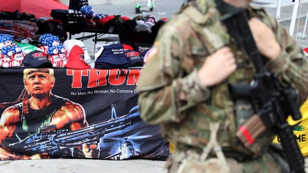 An Oklahoma National Guard soldier stands outside the venue of US President Donald Trump's rally in Tulsa, Oklahoma. (REUTERS) An Oklahoma National Guard soldier stands outside the venue of US President Donald Trump's rally in Tulsa, Oklahoma. (REUTERS)