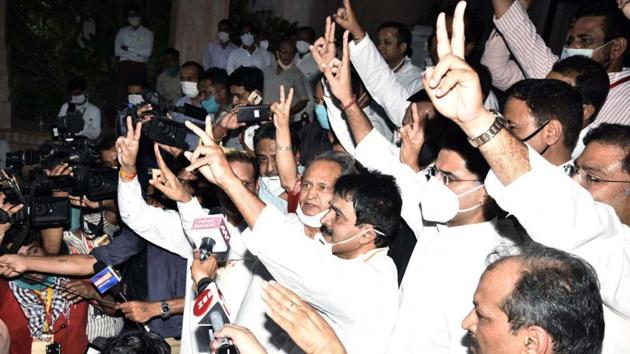 Rajasthan Chief Minister Ashok Gehlot shows victory sign after the result declaration of Rajya Sabha election at the State Assembly during coronavirus lockdown, in Jaipur. (ANI) Rajasthan Chief Minister Ashok Gehlot shows victory sign after the result declaration of Rajya Sabha election at the State Assembly during coronavirus lockdown, in Jaipur. (ANI)