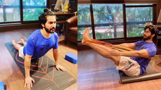 Varun Dhawan shared pictures of him performing yoga on International Yoga Day and can be seen performing some stretches and balancing poses.