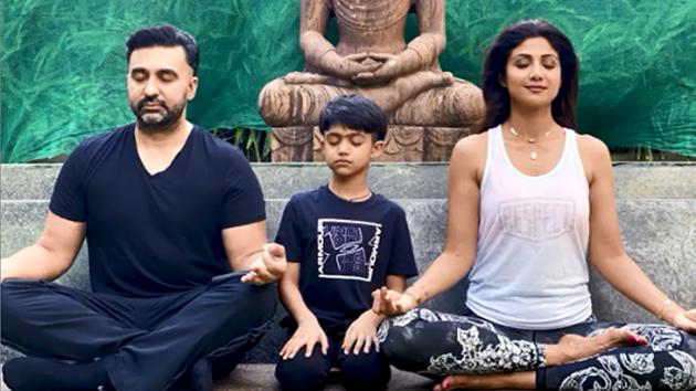 Shilpa Shetty shared a glimpse of her ‘yoga with family’ session and said, “the family that eats, prays, and practices yoga together... stays together.”