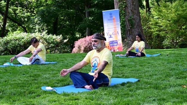Themed ‘Yoga At Home and Yoga with Family’, this year, the Indian Mission celebrated yoga day virtually at the residence of Indian Ambassador to the US Taranjit Singh Sandhu - the India house. (@SandhuTaranjitS/Twitter) Themed ‘Yoga At Home and Yoga with Family’, this year, the Indian Mission celebrated yoga day virtually at the residence of Indian Ambassador to the US Taranjit Singh Sandhu - the India house. (@SandhuTaranjitS/Twitter)