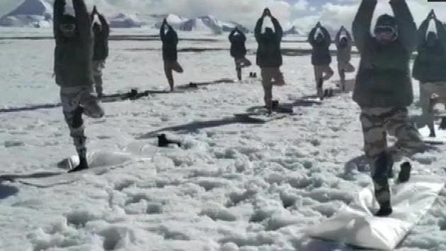 ITBP (Indo-Tibetan Border Police) personnel perform yoga at an altitude of 18000 feet in sub-zero temperatures. (ANI) ITBP (Indo-Tibetan Border Police) personnel perform yoga at an altitude of 18000 feet in sub-zero temperatures. (ANI)
